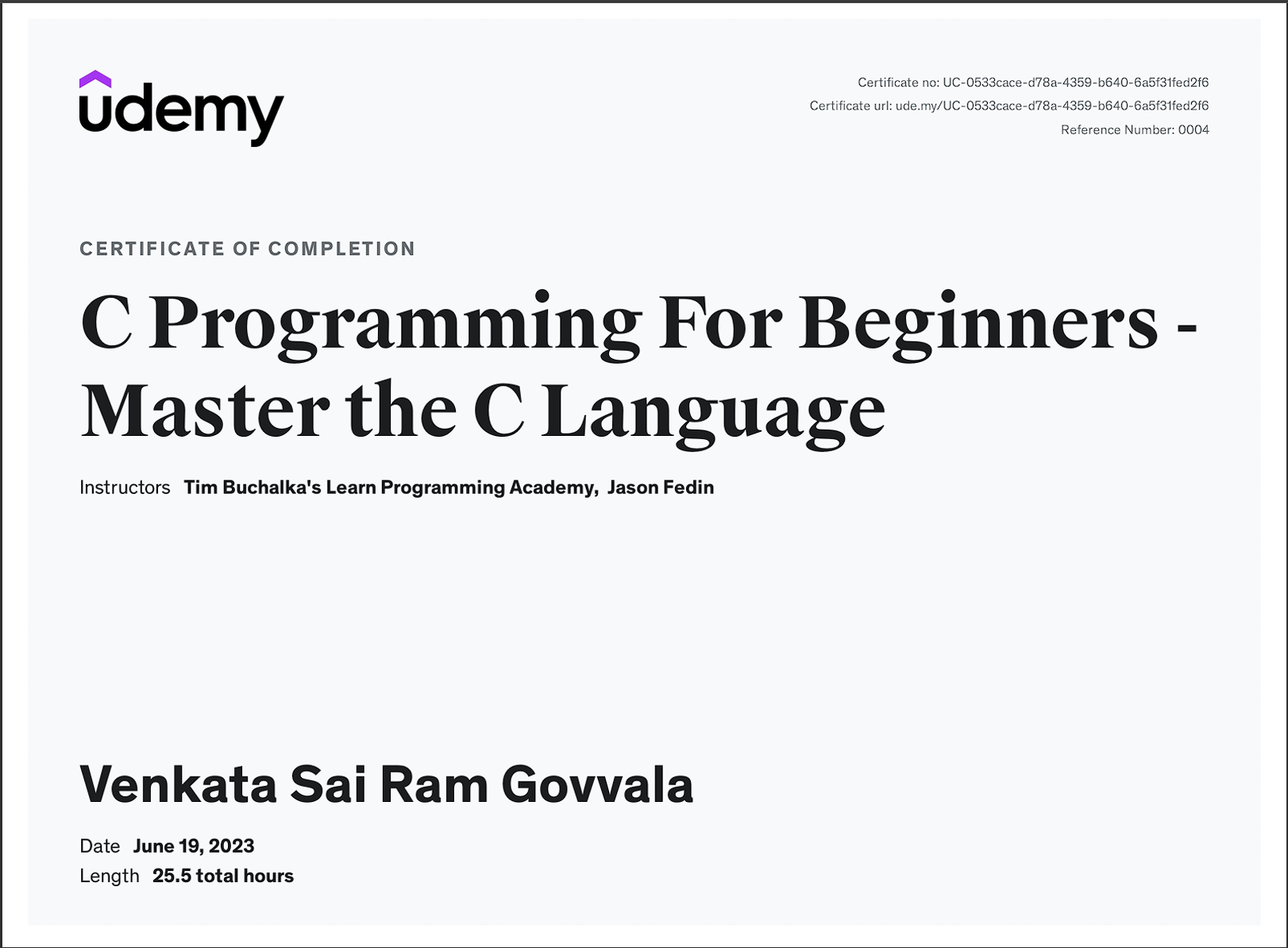 Image of C Programming Certificate from Udemy